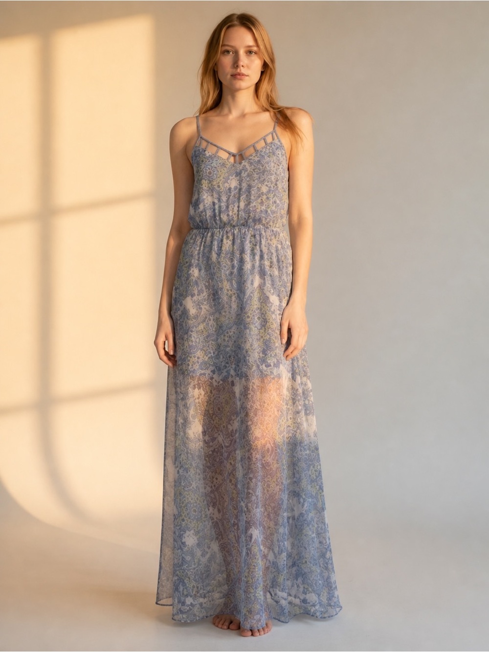 Sun & Shadow Maxi Dress M Blue Paisley Sheer Lattice Strappy Boho Festival
